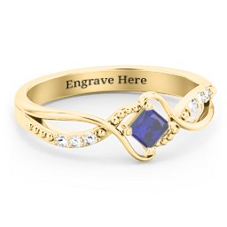 Solitaire Princess Cut Ring with Twisted Split Shank and Accents in 14K Solid Yellow Gold with Blue Sapphire
