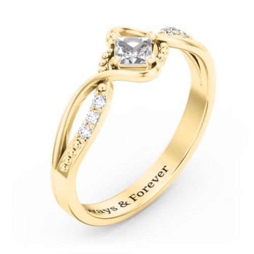 Solitaire Princess Cut Ring with Twisted Split Shank and Accents