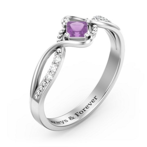 Solitaire Princess Cut Ring with Twisted Split Shank and Accents – Sterling Silver with Amethyst and Cubic Zirconia