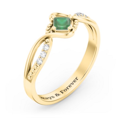 Solitaire Princess Cut Ring with Twisted Split Shank and Accents – 18K Gold Plated Silver with Emerald and Cubic Zirconia
