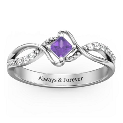Solitaire Princess Cut Ring with Twisted Split Shank and Accents