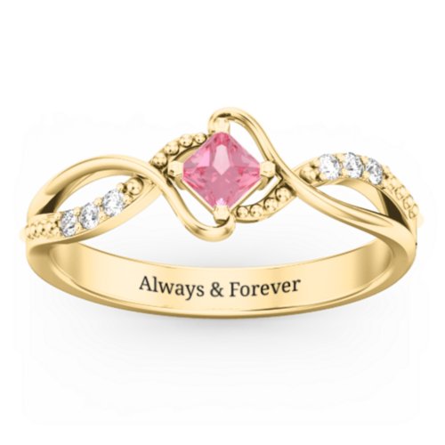 Solitaire Princess Cut Ring with Twisted Split Shank and Accents – 18K Gold Plated Silver with Pink Tourmaline and Cubic Zirconia