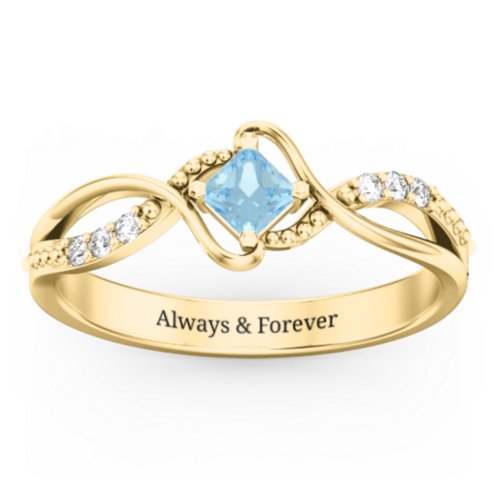 Solitaire Princess Cut Ring with Twisted Split Shank and Accents – 18K Gold Plated Silver with Blue Topaz and Cubic Zirconia