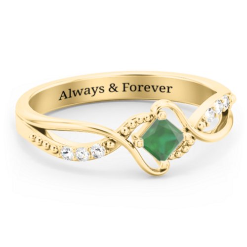 Solitaire Princess Cut Ring with Twisted Split Shank and Accents – 18K Gold Plated Silver with Emerald and Cubic Zirconia