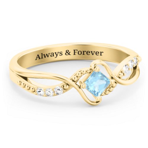 Solitaire Princess Cut Ring with Twisted Split Shank and Accents – 18K Gold Plated Silver with Blue Topaz and Cubic Zirconia