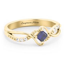 Solitaire Princess Cut Ring with Twisted Split Shank and Accents in 18K Gold Plated Silver with Blue Sapphire