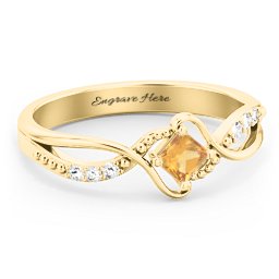 Solitaire Princess Cut Ring with Twisted Split Shank and Accents in 18K Gold Plated Silver with Citrine