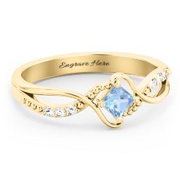 Solitaire Princess Cut Ring with Twisted Split Shank and Accents in 18K Gold Plated Silver with Blue Topaz
