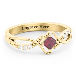 Solitaire Princess Cut Ring with Twisted Split Shank and Accents in 18K Gold Plated Silver with Ruby