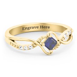 Solitaire Princess Cut Ring with Twisted Split Shank and Accents in 18K Gold Plated Silver with Blue Sapphire