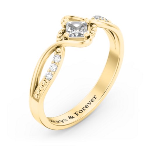 Solitaire Princess Cut Ring with Twisted Split Shank and Accents – 18K Gold Plated Silver with Lab Diamond and Cubic Zirconia