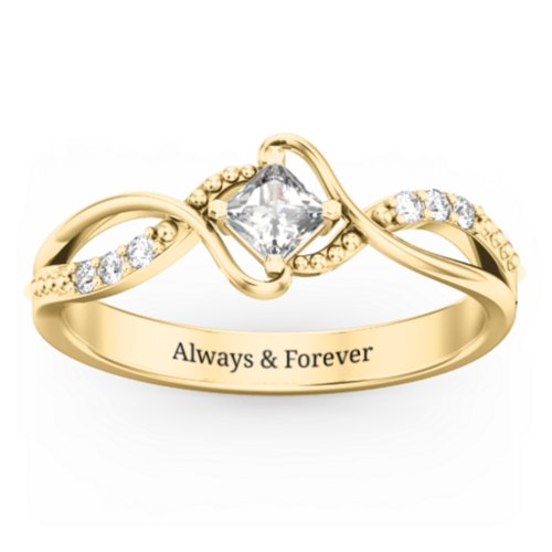 Solitaire Princess Cut Ring with Twisted Split Shank and Accents – 18K Gold Plated Silver with Lab Diamond and Cubic Zirconia