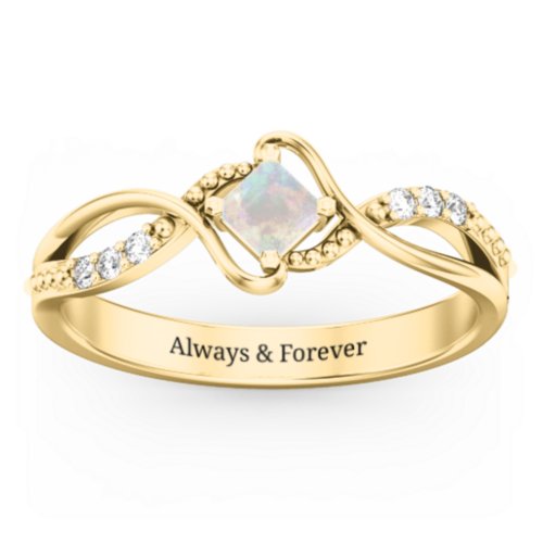 Solitaire Princess Cut Ring with Twisted Split Shank and Accents – 18K Gold Plated Silver with Opal and Cubic Zirconia