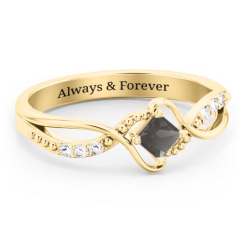 Solitaire Princess Cut Ring with Twisted Split Shank and Accents – 18K Gold Plated Silver with Smokey Quartz and Cubic Zirconia