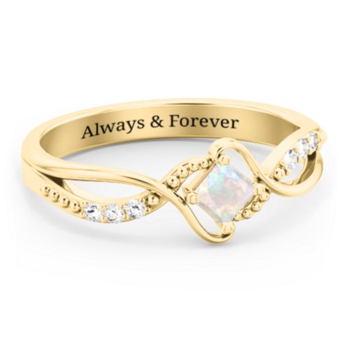 Solitaire Princess Cut Ring with Twisted Split Shank and Accents – 18K Gold Plated Silver with Opal and Cubic Zirconia