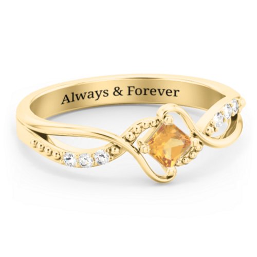 Solitaire Princess Cut Ring with Twisted Split Shank and Accents – 18K Gold Plated Silver with Citrine and Cubic Zirconia