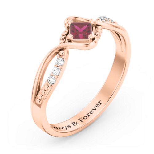 Solitaire Princess Cut Ring with Twisted Split Shank and Accents – 10K Rose Gold with Ruby and Cubic Zirconia