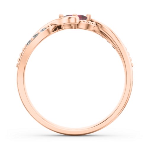 Solitaire Princess Cut Ring with Twisted Split Shank and Accents – 10K Rose Gold with Ruby and Cubic Zirconia