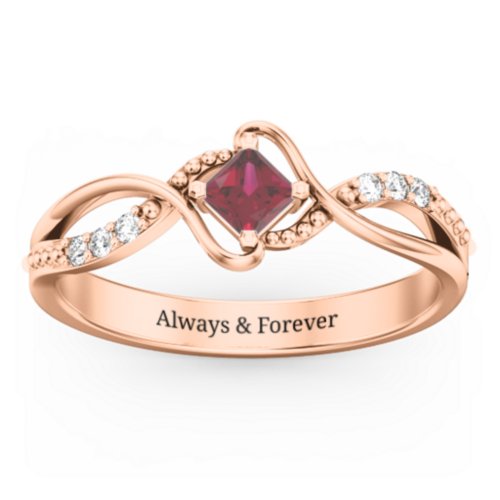 Solitaire Princess Cut Ring with Twisted Split Shank and Accents – 10K Rose Gold with Ruby and Cubic Zirconia