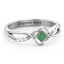 Solitaire Princess Cut Ring with Twisted Split Shank and Accents in 925 Sterling Silver with Emerald and Diamond