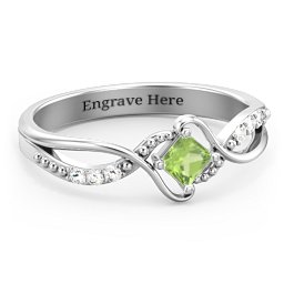 Solitaire Princess Cut Ring with Twisted Split Shank and Accents in 925 Sterling Silver with Peridot and Diamond