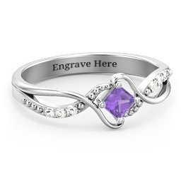 Solitaire Princess Cut Ring with Twisted Split Shank and Accents in 925 Sterling Silver with Amethyst and Diamond