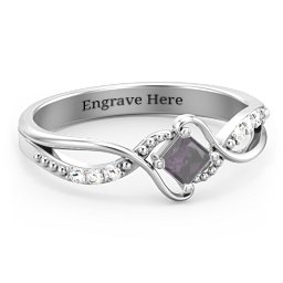 Solitaire Princess Cut Ring with Twisted Split Shank and Accents in 925 Sterling Silver with Alexandrite and Diamond