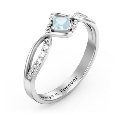 Solitaire Princess Cut Ring with Twisted Split Shank and Accents – Sterling Silver with Aquamarine and Cubic Zirconia