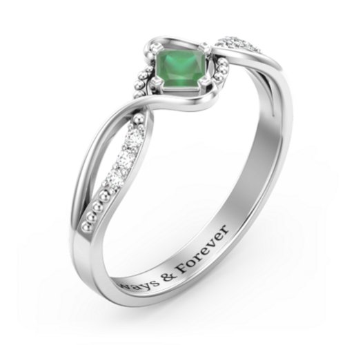 Solitaire Princess Cut Ring with Twisted Split Shank and Accents – Sterling Silver with Emerald and Cubic Zirconia