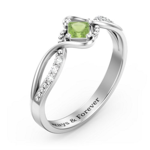 Solitaire Princess Cut Ring with Twisted Split Shank and Accents – Sterling Silver with Peridot and Cubic Zirconia