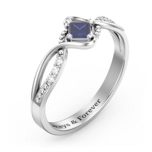 Solitaire Princess Cut Ring with Twisted Split Shank and Accents – Sterling Silver with Blue Sapphire and Cubic Zirconia