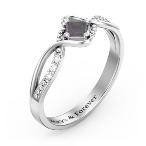 Solitaire Princess Cut Ring with Twisted Split Shank and Accents – Sterling Silver with Alexandrite and Cubic Zirconia