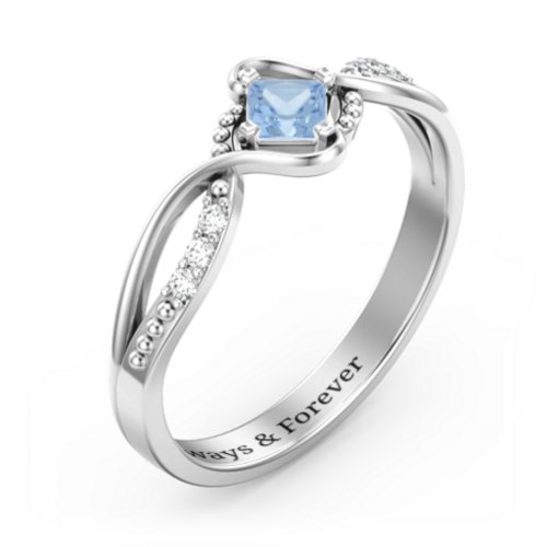 Solitaire Princess Cut Ring with Twisted Split Shank and Accents – Sterling Silver with Blue Topaz and Cubic Zirconia