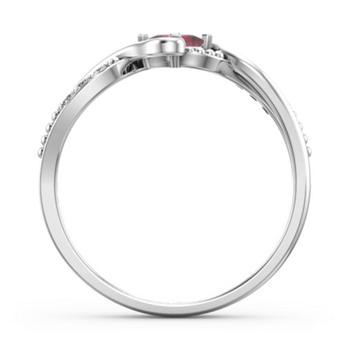 Solitaire Princess Cut Ring with Twisted Split Shank and Accents – Sterling Silver with Ruby and Cubic Zirconia