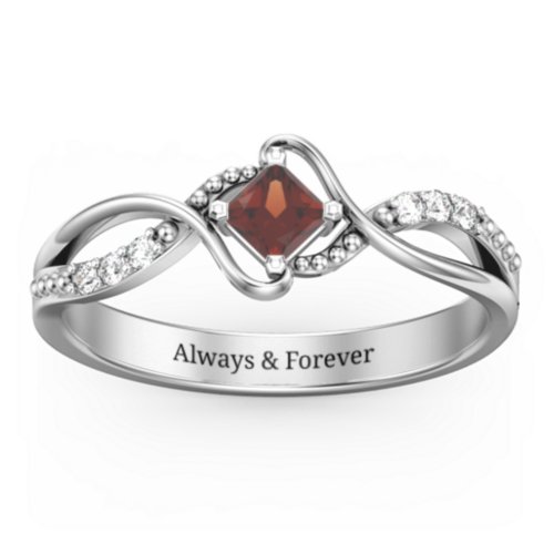Solitaire Princess Cut Ring with Twisted Split Shank and Accents – Sterling Silver with Garnet and Cubic Zirconia