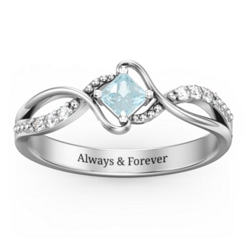 Solitaire Princess Cut Ring with Twisted Split Shank and Accents – Sterling Silver with Aquamarine and Cubic Zirconia
