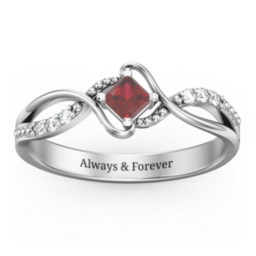 Solitaire Princess Cut Ring with Twisted Split Shank and Accents – Sterling Silver with Garnet and Cubic Zirconia