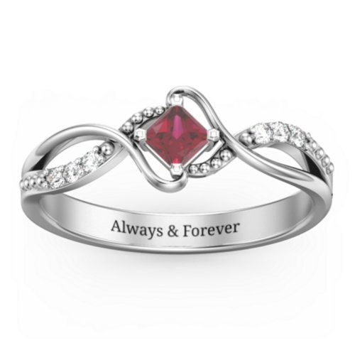 Solitaire Princess Cut Ring with Twisted Split Shank and Accents – Sterling Silver with Ruby and Cubic Zirconia