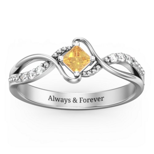 Solitaire Princess Cut Ring with Twisted Split Shank and Accents – Sterling Silver with Citrine and Cubic Zirconia