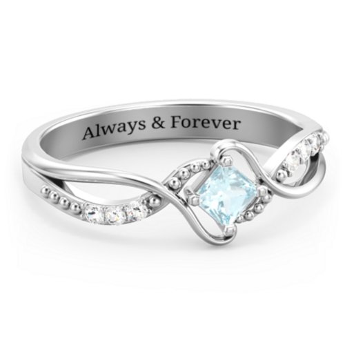 Solitaire Princess Cut Ring with Twisted Split Shank and Accents – Sterling Silver with Aquamarine and Cubic Zirconia
