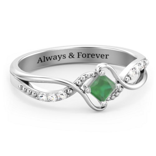 Solitaire Princess Cut Ring with Twisted Split Shank and Accents – Sterling Silver with Emerald and Cubic Zirconia