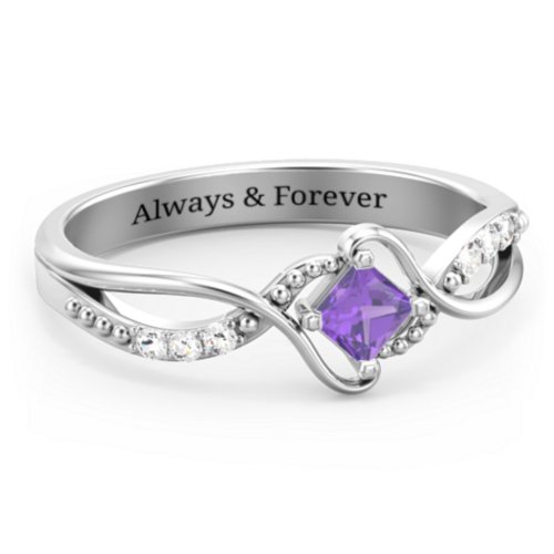Solitaire Princess Cut Ring with Twisted Split Shank and Accents – Sterling Silver with Amethyst and Cubic Zirconia