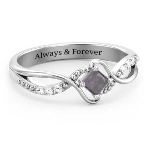 Solitaire Princess Cut Ring with Twisted Split Shank and Accents – Sterling Silver with Alexandrite and Cubic Zirconia