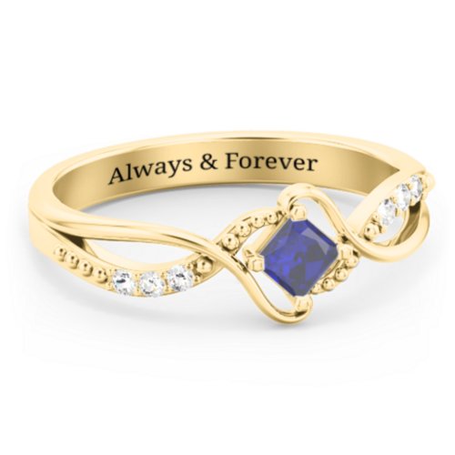 Solitaire Princess Cut Ring with Twisted Split Shank and Accents – 10K Yellow Gold with Blue Sapphire and Cubic Zirconia