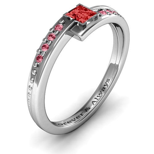 Princess Cut Ring with Accents – Sterling Silver with Garnet and Red Premium Zirconia