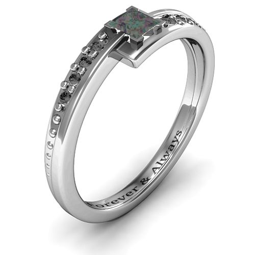 Princess Cut Ring with Accents – Sterling Silver with Alexandrite and Black Premium Zirconia