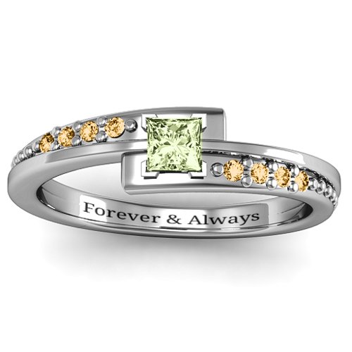 Princess Cut Ring with Accents – Sterling Silver with Peridot and Fancy Yellow Premium Zirconia