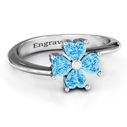 Four Heart Clover Ring in 925 Sterling Silver with Blue Topaz