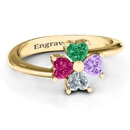 Four Heart Clover Ring in 10K Solid Yellow Gold with Emerald, Ruby, Cubic Zirconia, and Amethyst