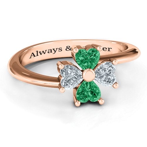 Four Heart Clover Ring – 10K Rose Gold with Emerald and Cubic Zirconia